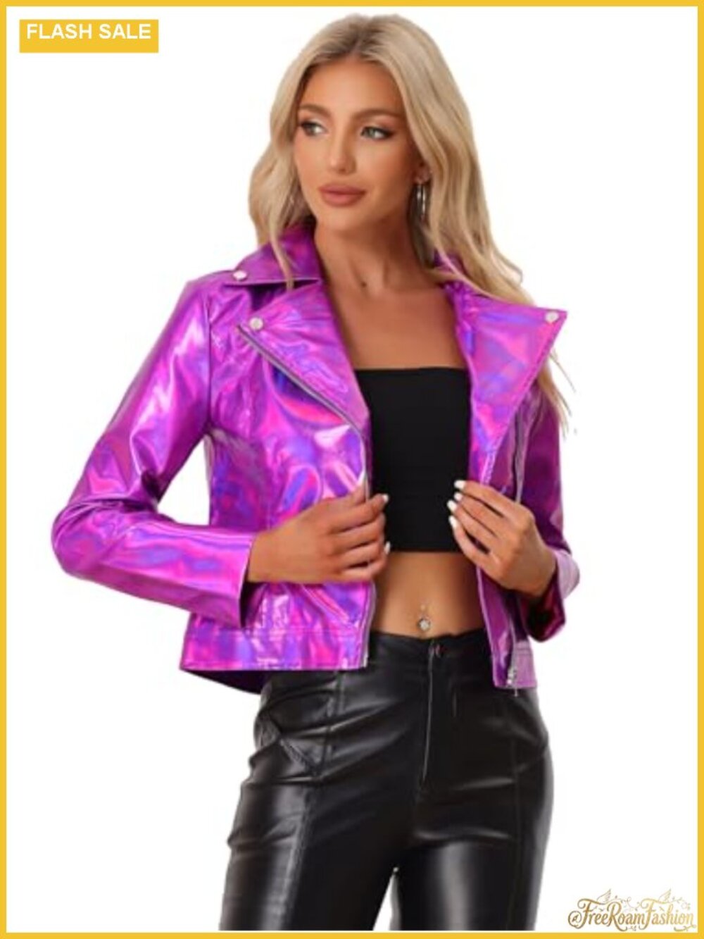 Holographic Metallic Lapel Collar Party Jacket Long Sleeve Zip Front Casual